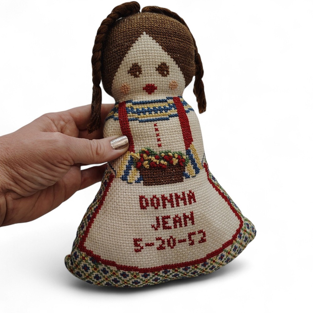 Cross Stitch Rag Doll Handmade Folk Art "Donna Jean 1952" Vintage